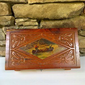 VTG Canoe Cedar Box Hand Carved Wood Decoupage Trinkets Cabin Rustic